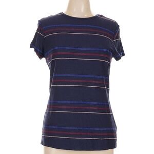 Ted Baker Striped Short Sleeve Shirt in Shimmer Blue, Gold, and Red on Navy